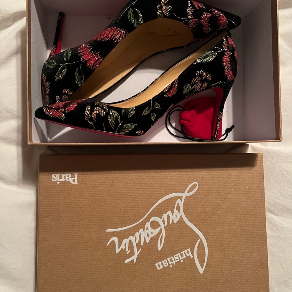 Christian Louboutin Black Heels with Red Floral Design
